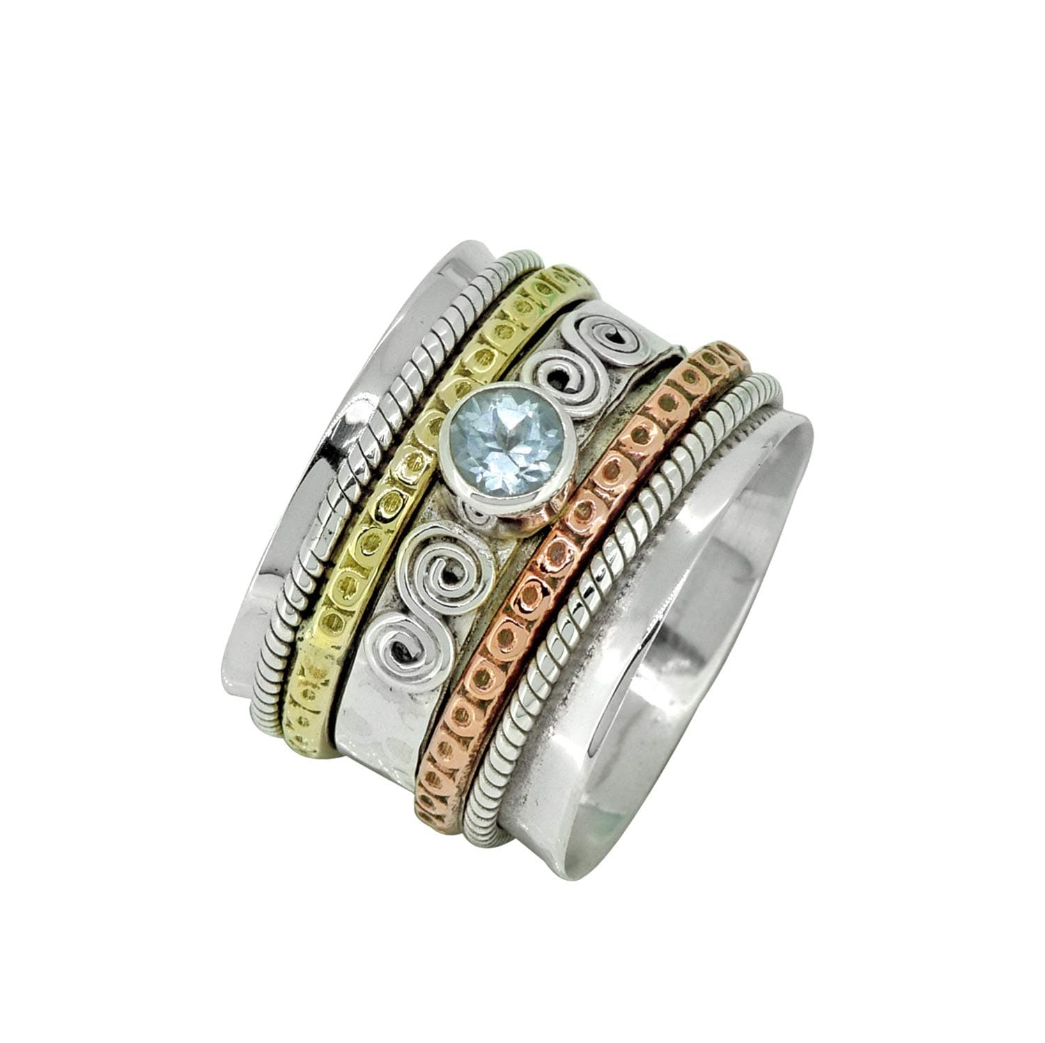 Blue Topaz Solid 925 Sterling Silver Brass & Copper Meditation Spinning Ring