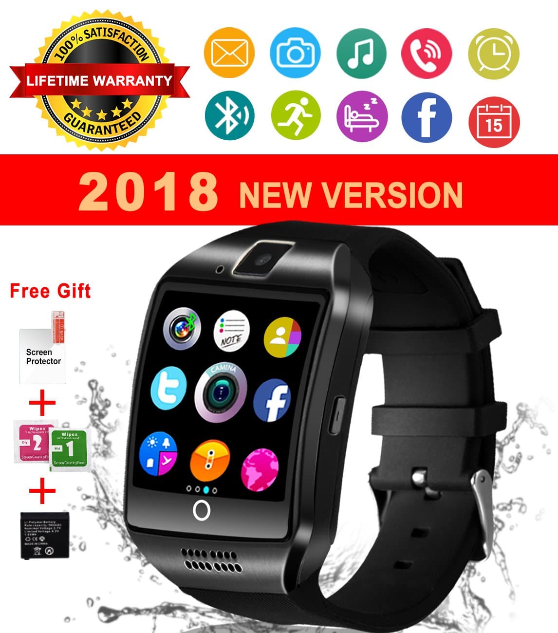 Bluetooth Smart Watch With Camera Waterproof Smartwatch Touch Screen Unlocked Cell Phone Watch Smart Wrist Watch Smart Watches For Android Phones Samsung IOS iPhone 6S 7 7S 8 X Plus (black)
