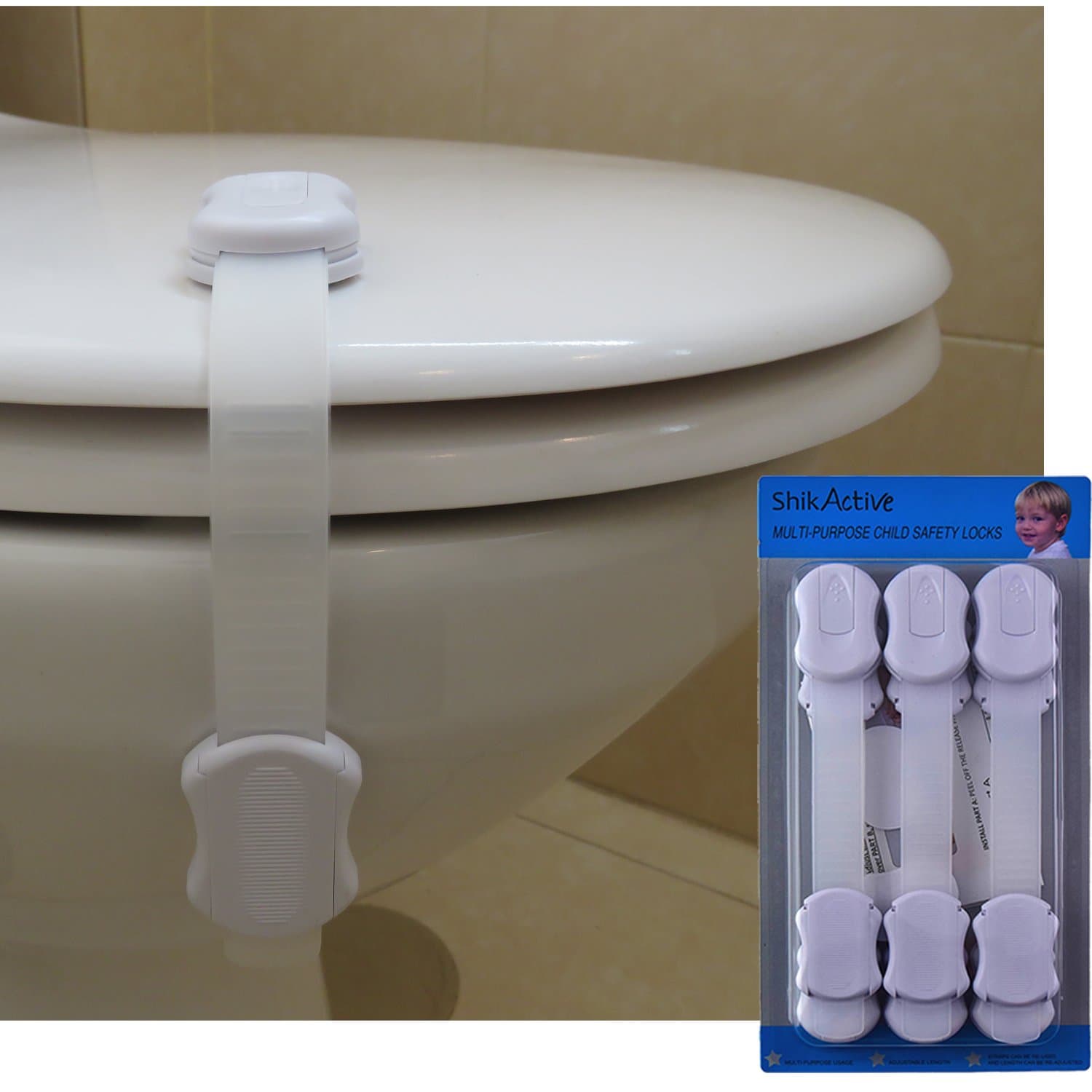 Safety Lock, Baby Proof, Adjustable Straps and Latch System, for Cabinets, Drawers, Toilet Seat and more | Bonus 3M Adhesive | White color | No Drilling | 6 Pack | Free Ebook | By Shik Active