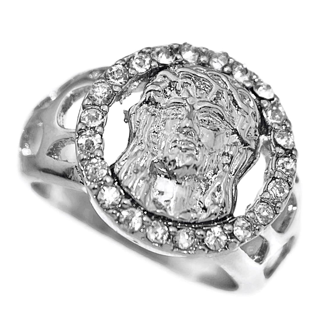Jesus Head Face Ring Silver Tone Iced Big Round Circle Bling Mens Heavy Hip Hop Ring