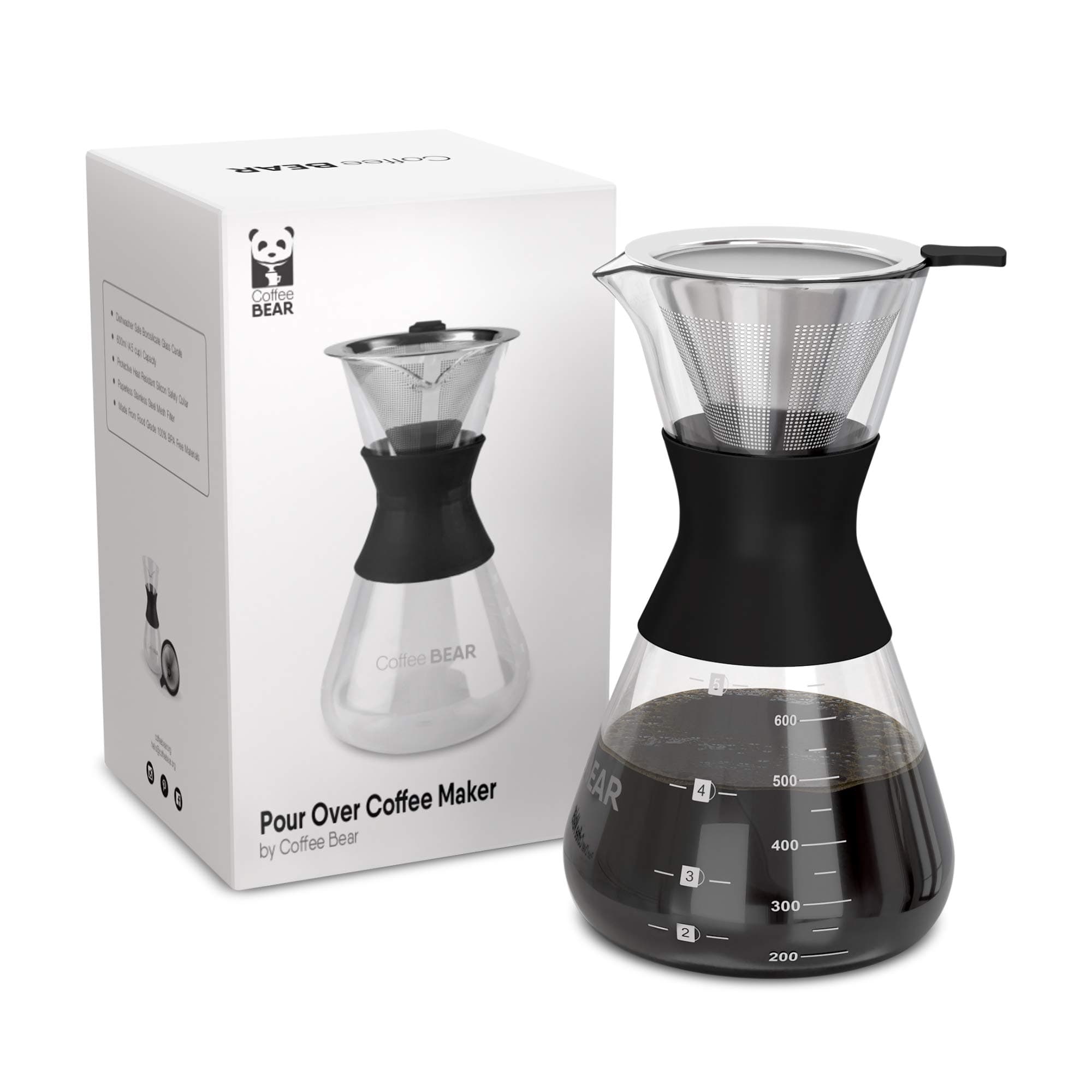 Coffee Bear – Pour Over Coffee Maker Set with Borosilicate Glass Coffee Carafe and Reusable Ultra-Fine Mesh Stainless Steel Coffee Filter, 4-Cup Coffee Dripper Set, 600mL (20oz)