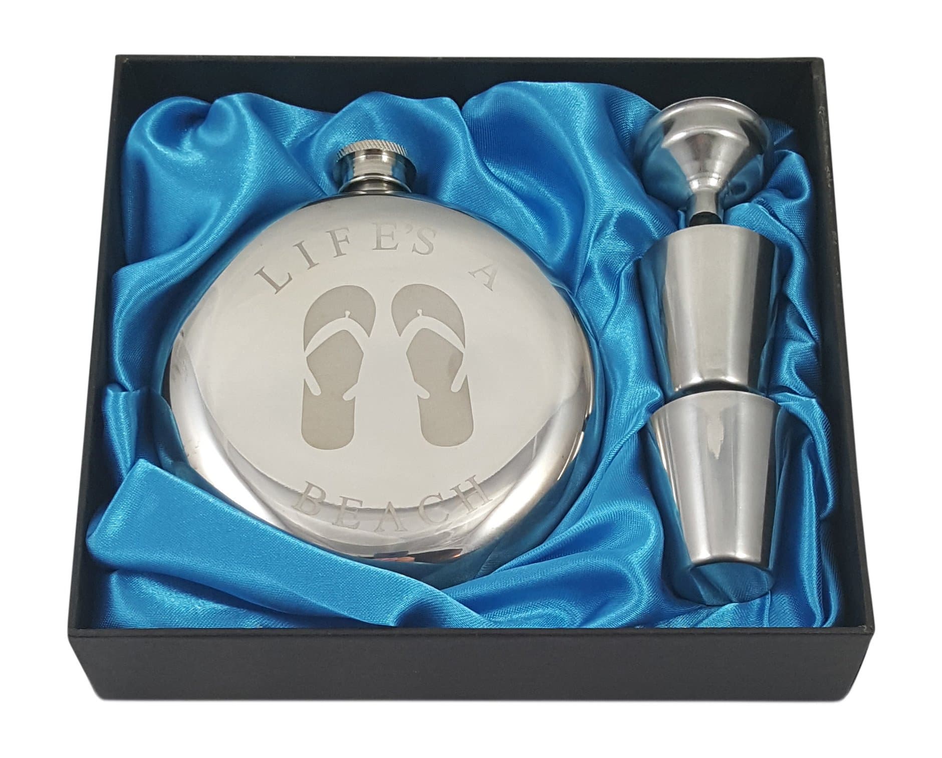 Beach Themed 10 oz Round "Flip Flops" Flask Gift Set with Two Shot Glasses and a Funnel in a Black Gift Box