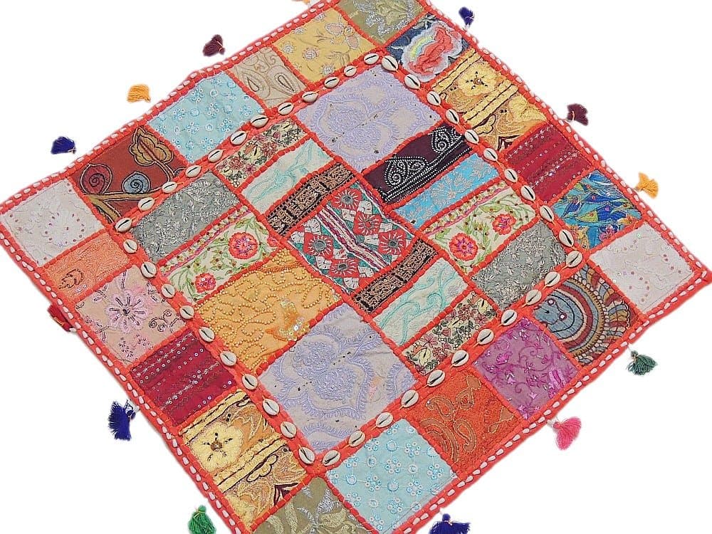 Bohemian Patchwork Embroidered Rajasthan Pillow - Mirror Cowrie Shell Work Handmade Floor Lounge Seating Big Cushion 24 Inch X 24 Inch