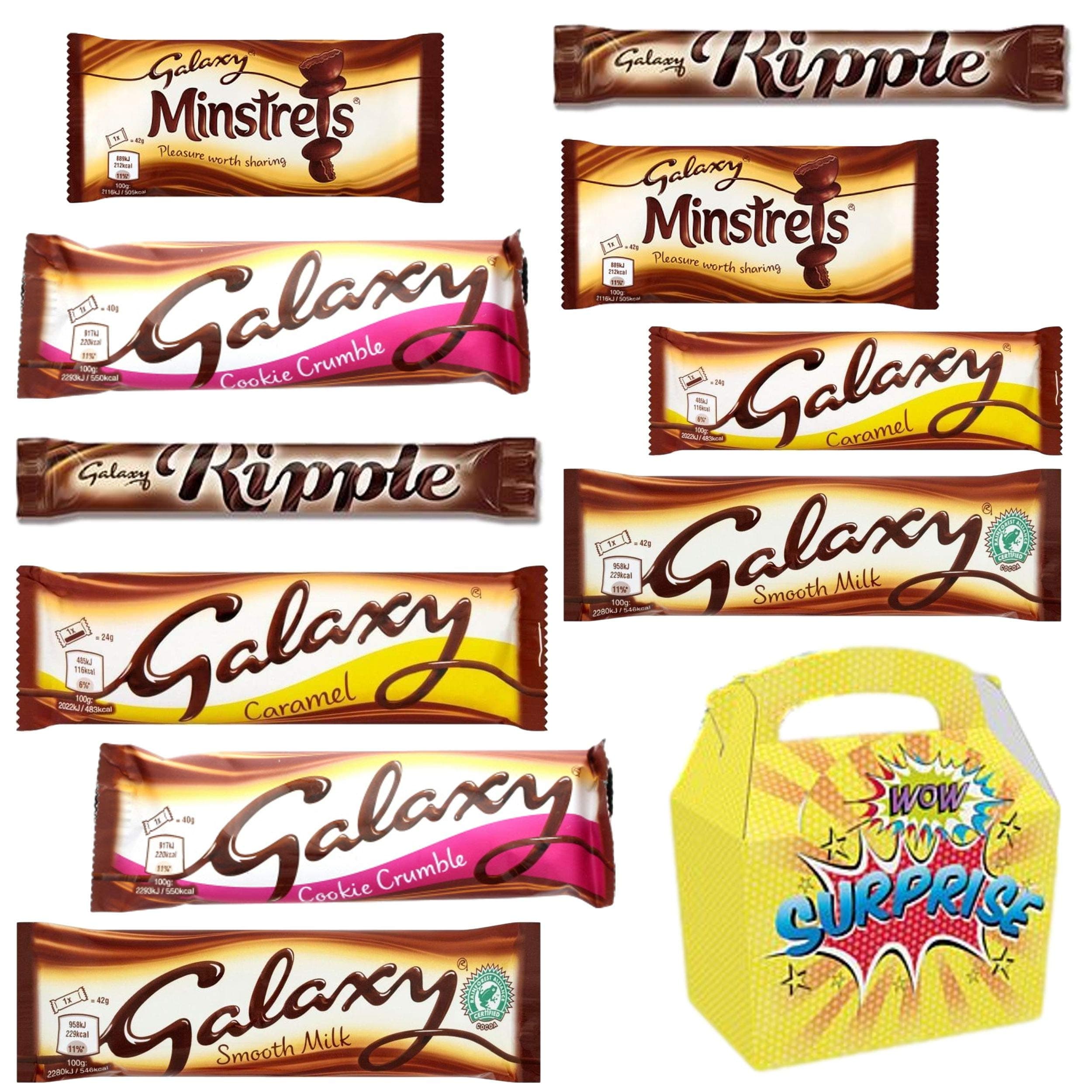 Galaxy Selection Box - 10 Full Size Chocolate - Galaxy Caramel x2, Galaxy Cookie Crumble Bar x2, Galaxy Minstrels x2, Galaxy Ripple x2 & Galaxy Chocolate Bar x2 in a Surprise Candy Gift Box.