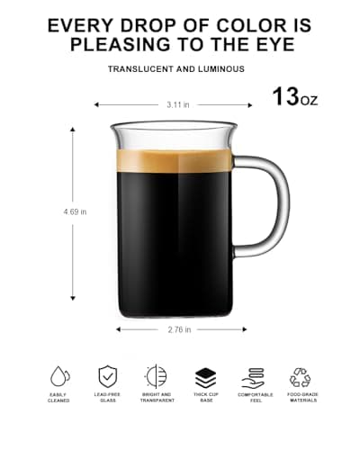 LUXU Glass Coffee Tea Cups(Set of 4)-13 oz,Clear Glass Mugs,Tall Drinking Glasses for Cappuccino,Latte,Espresso,Lead-free Drinking Glasses Great for Juice,Water,Beer,Milk Hot And Cold Drinks