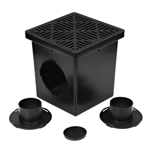NDS 1200BKITRTL1PK Square Kit with 2-Opening Catch Basin, 2 Adapters, 1 Outlet Plug, and 1 Plastic Drain Grate, 12-Inch, for Lawns, Landscaped Areas, Black