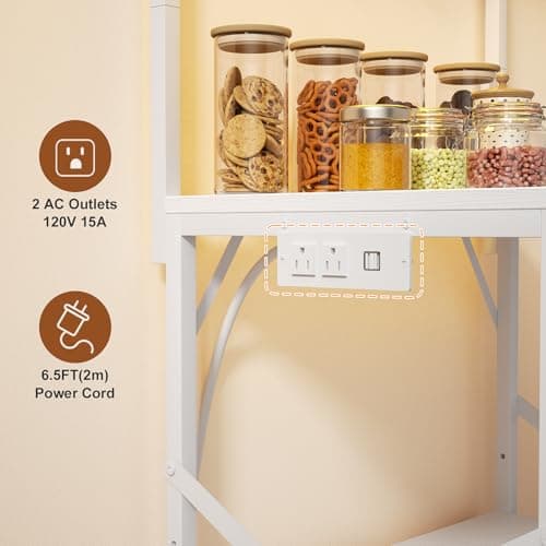 Kitchen Bakers Rack with Power Outlet & LED Lights, Small Coffee Bar Table with Adjustable Storage Shelf, 4 Tiers Microwave Stand with 8 Hooks, Coffee Station for Appliance Organizer, White