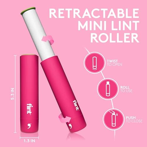 Flint Classic Retractable Lint Roller - Refillable Travel Lint Roller - 90 Sheets (Pink)