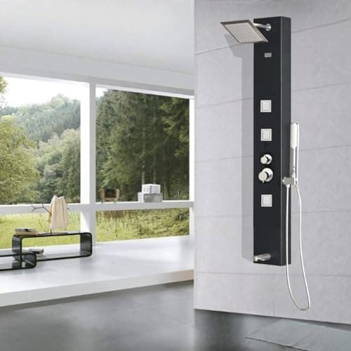Willet Black Shower Panel for Bathroom | Wall Mounted Multi-Function Shower Panel Tower with Rainfall Shower Head, Hand Shower & Body Jets | Matte Black Modern Bathroom Shower Set System