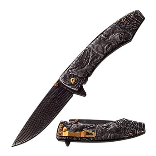 Masters Collection Folder SW Blade Sculpted Wolf Art Handle with Pocket Clip, 4.75"