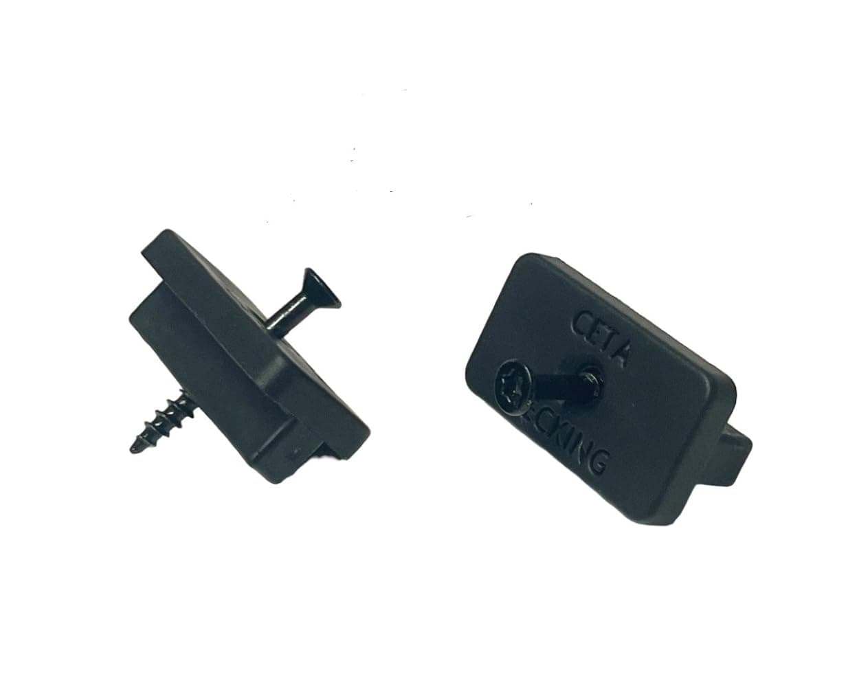 Ceta Composite Decking T Clips Fixing / Black Fitting Screw Included / Provides 6mm Gap Between the Composite Decking Boards / Fits Most of the Products on the Market / Plastic Clips Fastener