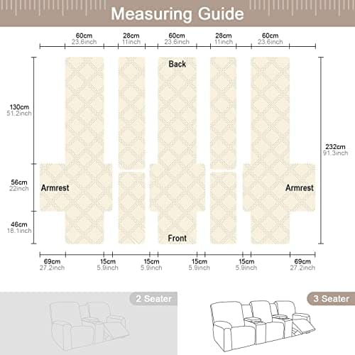 TAOCOCO 100% Waterproof Recliner Couch Covers with Console, Sofa Covers for Reclining Sofa 3 Seat with Straps Design, Split Recliner Sofa Cover Furniture Pets Kids Protector (3 Seater, Cream)