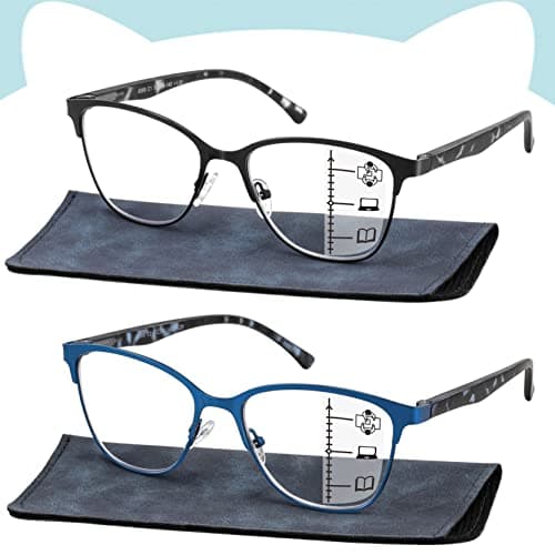 SUNAMOY Progressive Multifocal Reading Glasses Women Cat Eye No Line Multifocus Transition Blue Light Reader Lady Metal Frame