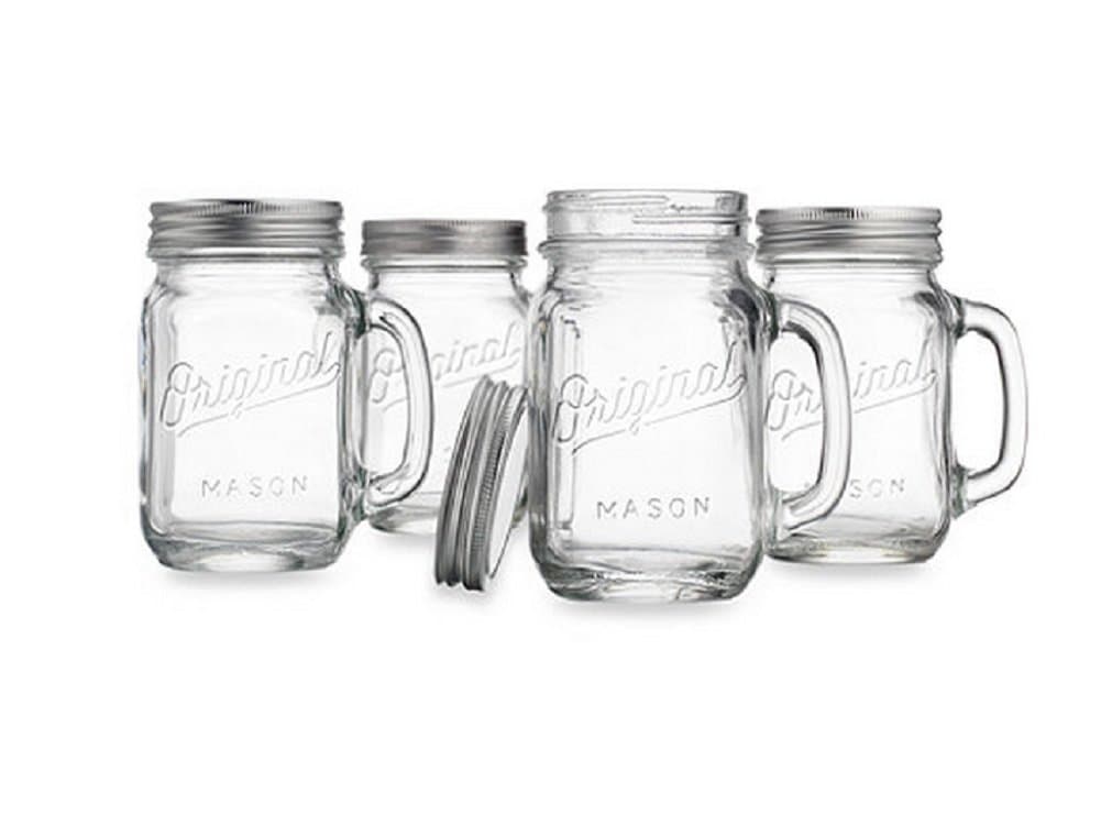 Mason Jar Drinking Glasses with Handle and Lid. This classic 16 Oz Redneck Mug Set of 4 features embossing and handles with silver screw-cap tops. Makes a great gift for weddings, birthday's, etc. These Glass mugs are dishwasher safe.
