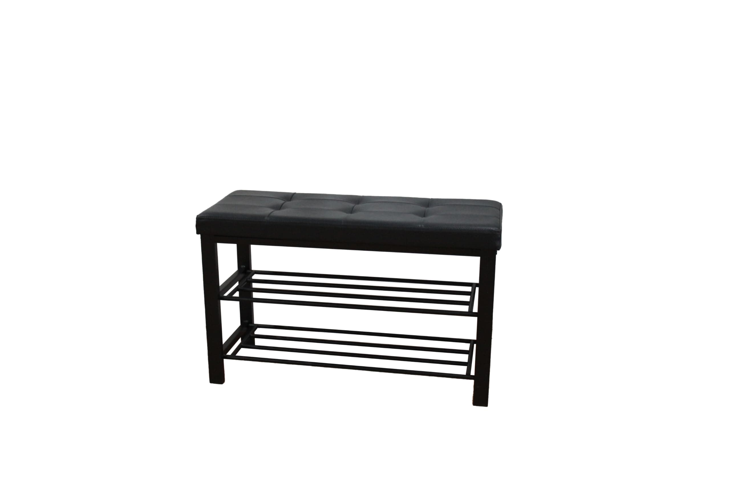 La Maison Shoe Rack Bench 3 Tier Leather Button Tufted Cushioned Seat Hallway Padded Storage Organiser Entryway Shelf Metal Frame (Black)