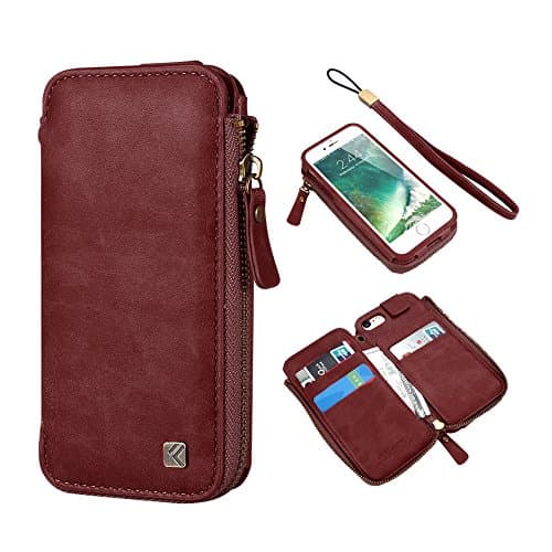 FLOVEME iPhone 8 PLUS/7 PLUS/6S PLUS Slim Wallet Case, Vintage Zipper Pocket Wallets PU Leather Cash ID Credit Cards Holder Portable Handbag Shell Flip Folio Pouch Cover with Wristlet, Red