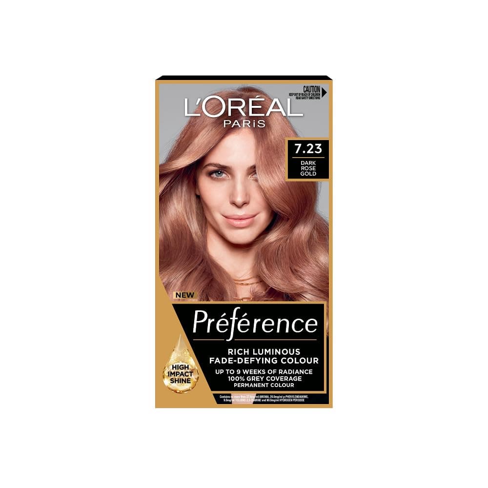 Permanent Hair Dye, Preference 7.23 Dark Rose Gold, 100% Grey Coverage, Long Lasting, Luminous Hair Colour with Anti-Brass Purple Mask, Luminous Reflects, Pack of 1