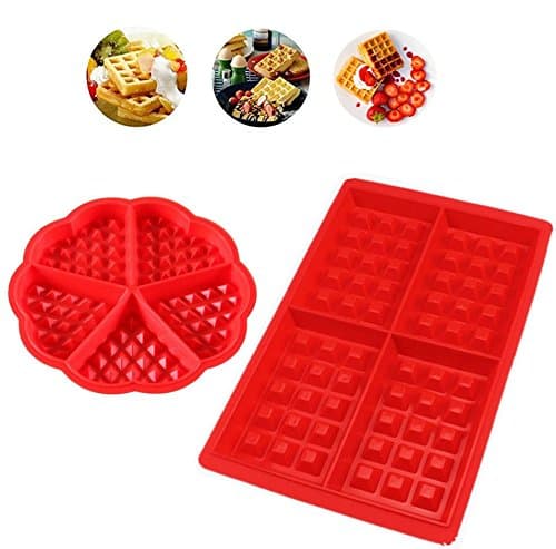 Waffle Baking Molds 2 in 1 kit Mini Heart Shape & Square Silicone Muffin Mould Red