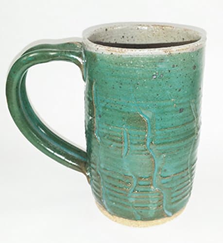 Aunt Chris' Pottery - Hand Made Clay - Drinking Mug (Cup) - Hunter Green Glazed With Gray On Inside & Gloss Finish - Artist Custom Detail On All Sides - Comfortable Looped Handle - Natural Stone Base