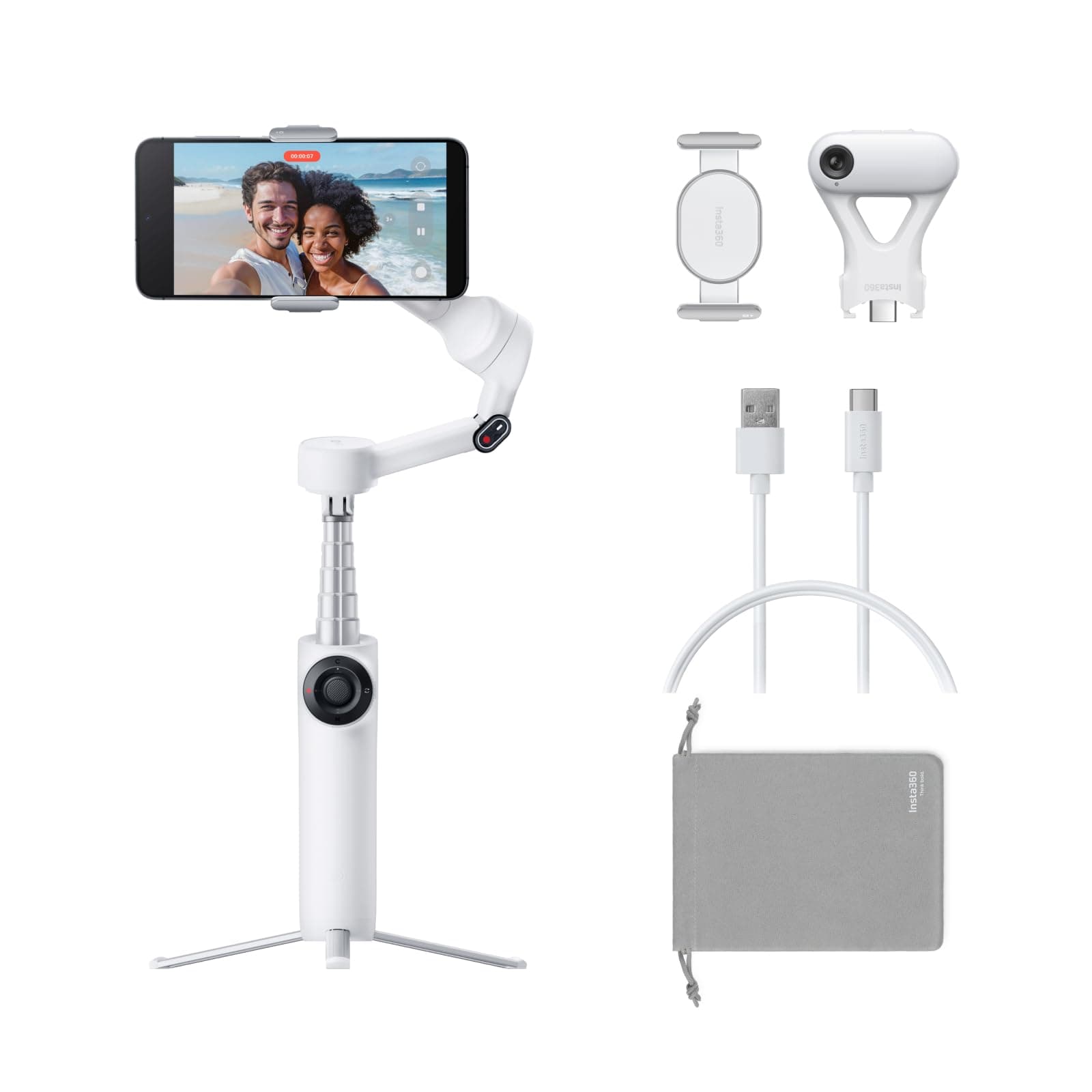 Flow 2 Plus AI Tracker Bundle White - Foldable Phone Gimbal, AI Tracking with Any App, Multi-Person Tracking, Built-in Tripod/Selfie Stick, Remote Control, Smartphone Stabilizer, Travel