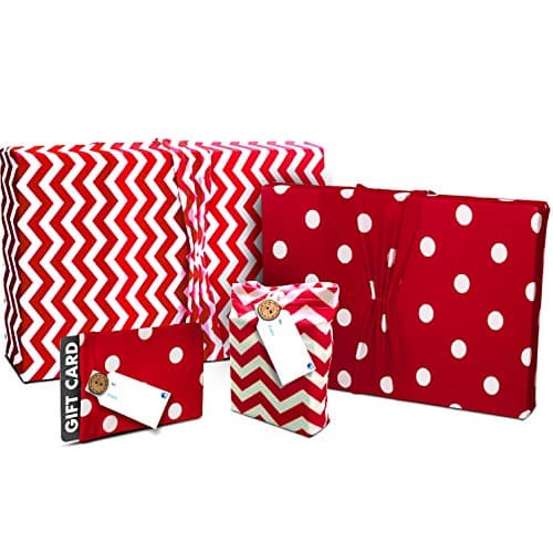 Gift Wrap Pack - Stretchy Fabric, Reusable and Eco Friendly - Red & White Chevron/Polka Dots (4 Pack 1 Small, 1 Medium, 2 Gift Card Holders with 2 FREE Gift Tags)