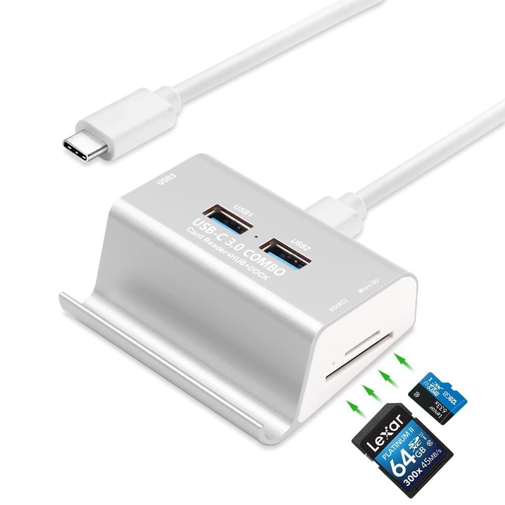 GZCRDZ USB 3.0 Card Reader + 3-Port USB 3.0 Hub + Phone Holder, Super Speed Multi-in-1 Aluminum USB-C 3.0 Combo, SD/TF/MicroSD Card Reader HUB for MacBook/Laptop/Tablets/More Type-C Devices (Silver)