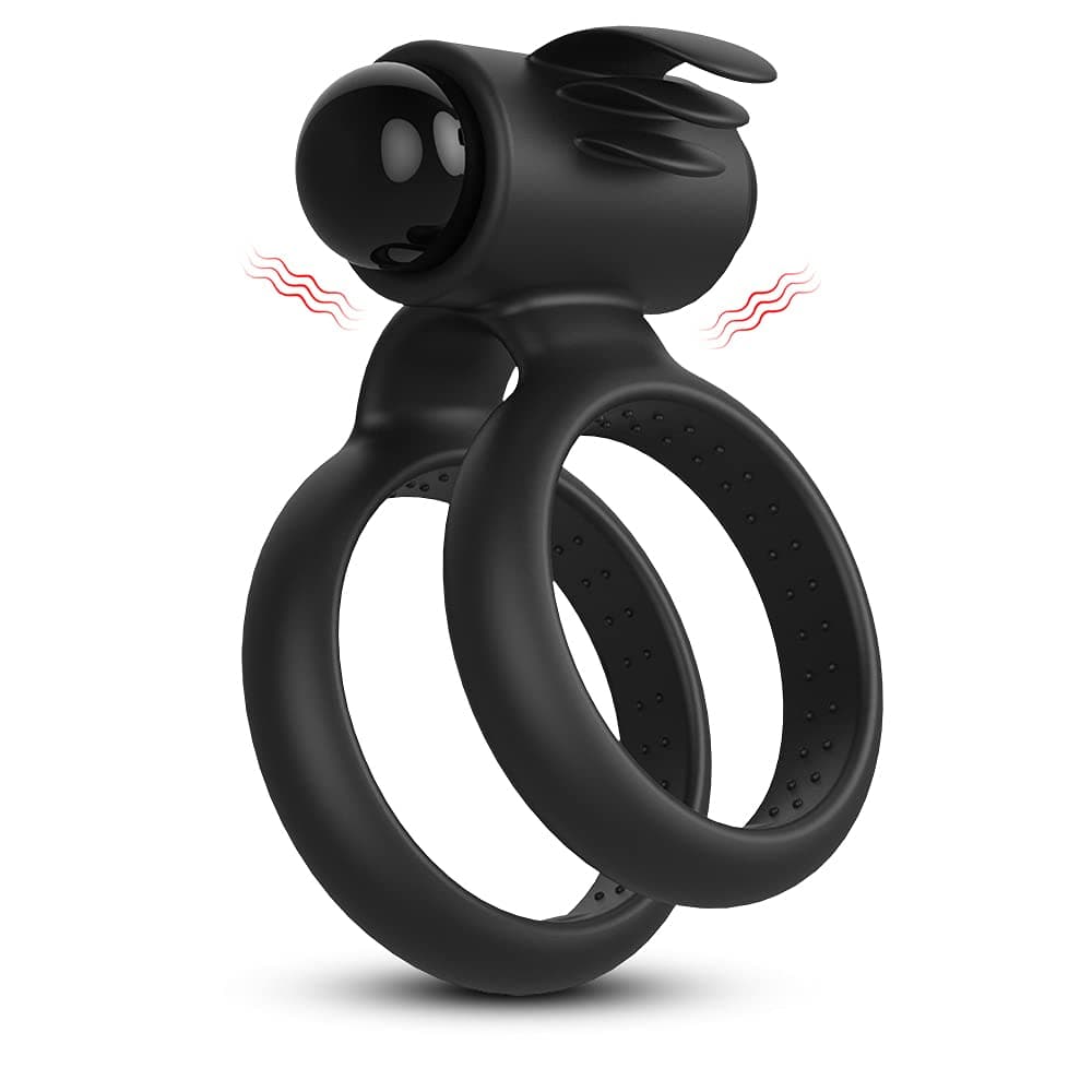 Sh! Vibrating Dual-Loop Silicone Ring with Massager Head | Cock Ring Vibrating Tickler | Male Erection Enhancing Rings | Black Silicone Double Loop Cock Ring 38mm & 33mm