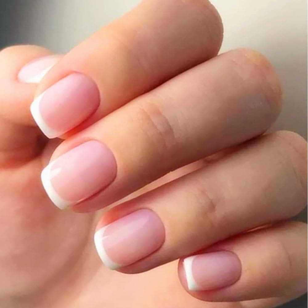 24 Pcs French Tip False Nails - Short Square Pink Press on Nails with White Tip/Full Cover Fake Nails for Women and Girls Nail Art (French White Tip)