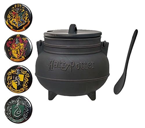 Harry Potter Black Cauldron Ceramic Soup Mug with Spoon and Set of 4 Collectible Crest Buttons