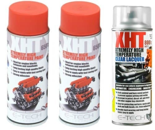 E-Tech 400ml XHT VHT Very High Temperature Paint 2 x RED 1 XHT Clear Lacquer for Car Engine Block Exhaust Metal Surface