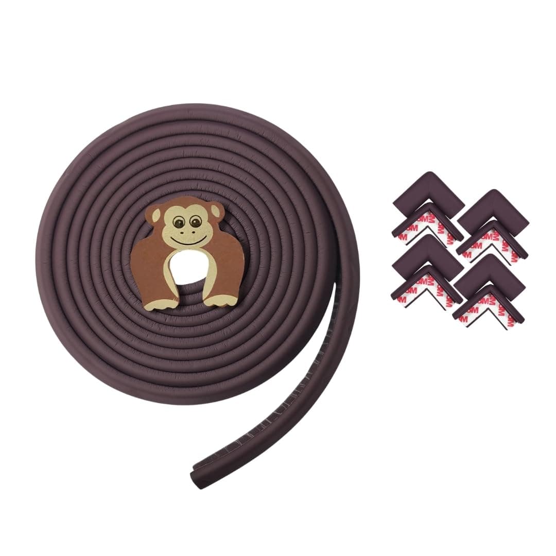 Edge Guard and Corner Protector – Extra Long 19ft (Pre-Taped 16.5ft Edge + 8 Pre-Taped Corner Guards) and Monkey Shape Door Stopper (Brown Color) for Baby Proofing & Child Safety
