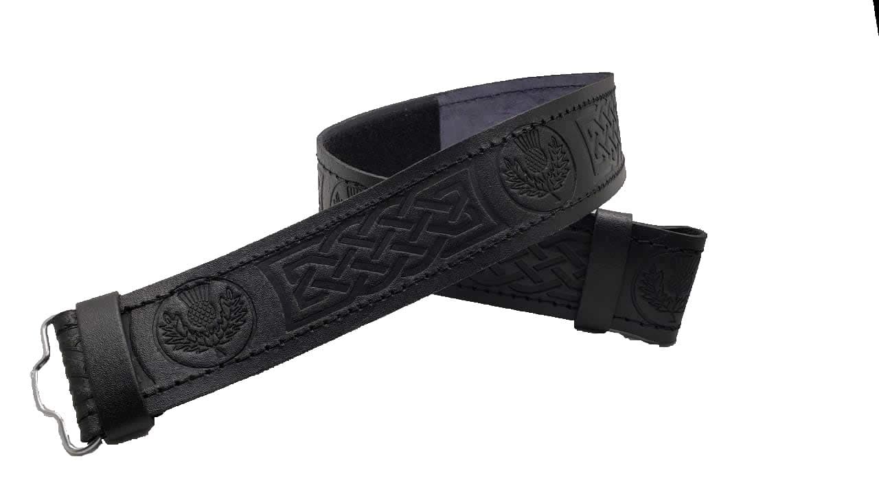 AAR Kilt Belt for Men Leather Black Thistle Embossed Design Scottish Highland S-2XL