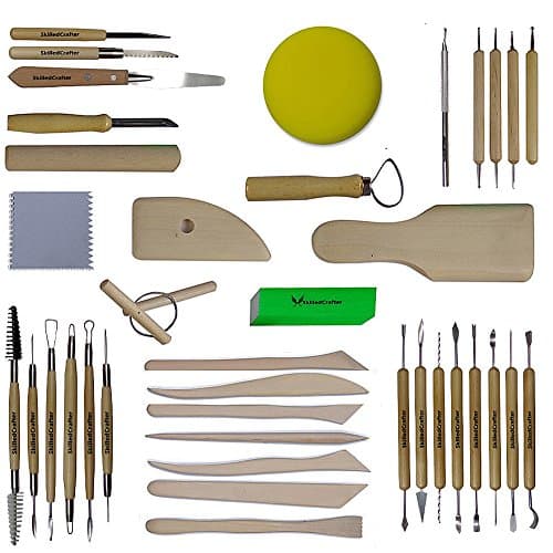 Skilled Crafter Sculpting Tools. 38 Piece Collection. Modeling Kit with a Great Selection of Tools + Free Sponge. Perfect for Clay, Polymer, Sculpey, Dough, Premo, Fondant & More