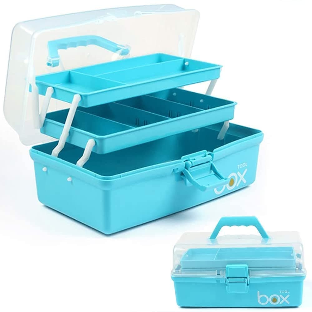 JUGTE Plastic 3-Layer Multipurpose Tools Storage Box Organizer Handled Storage Case for Art Craft Cosmetic Sewing Supplies Organizer Medicine Box Family First Aid Box with Handle (Blue)