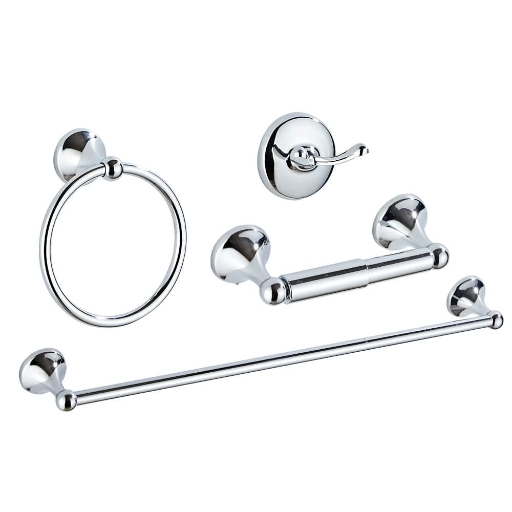 Adjustable Towel Bar Accessory Set (Adjustable 18 to 24 Inch Towel Bar, Towel Ring, Toilet Paper Holder, Robe Hook) Wall Mounted Bath Hardware Accessory Fixtures Set, Chrome