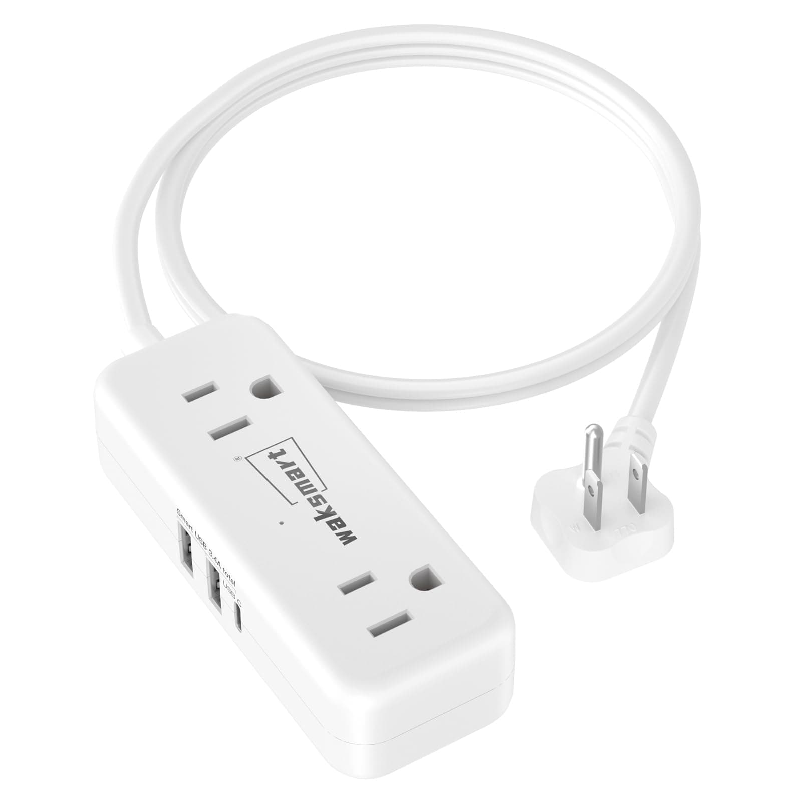 Flat Plug Extension Cord 3 Feet with 4 AC Outlets 3 USB Ports (5V/3.4A 17W), Flat Plug Power Strip Compact for College Dorm, Travel, Home, White