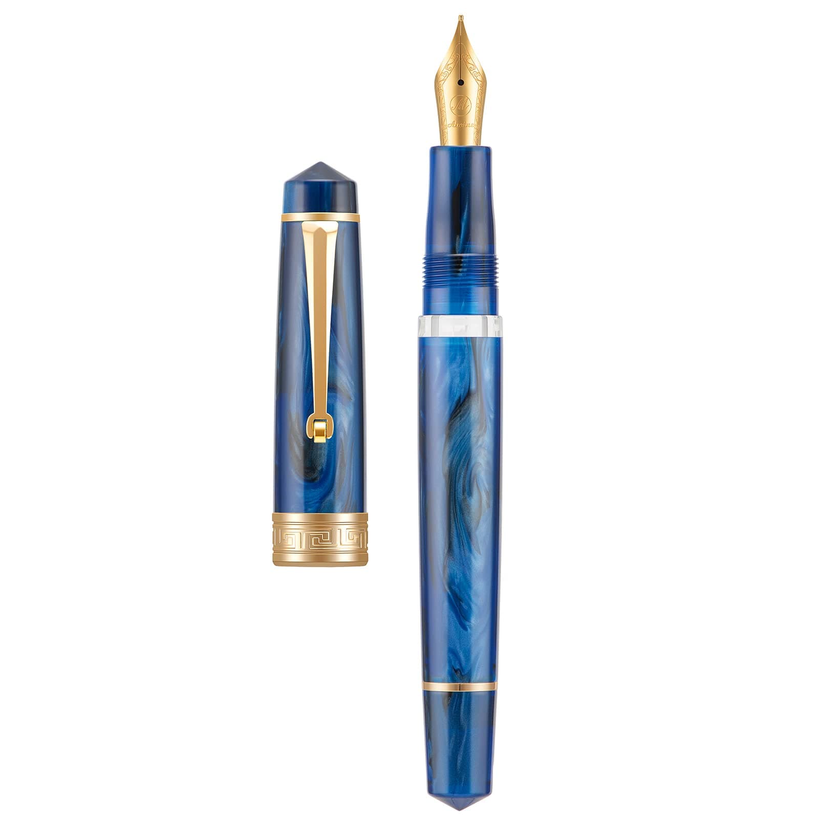 P20 Piston Fountain Pen Galaxy Blue Resin, Iridium Medium Nib Gold Trim Smooth Writer Collection with Case Set