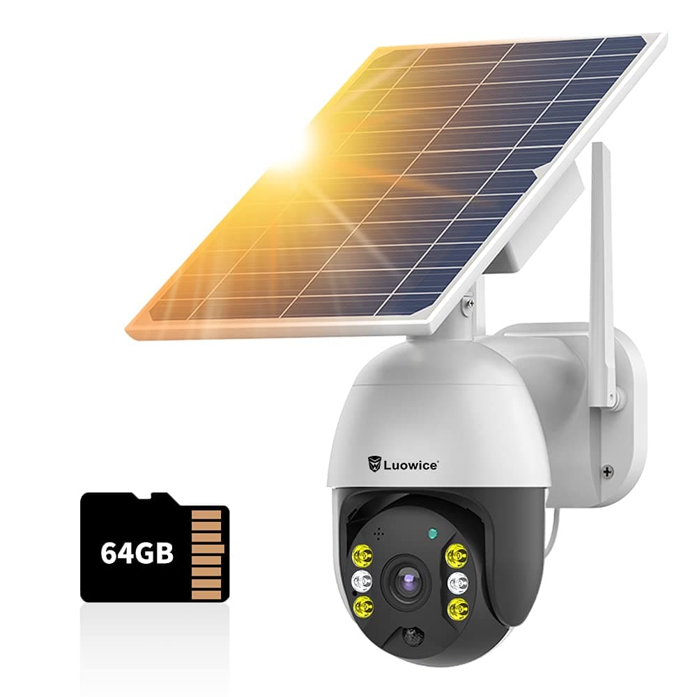 Solar Security Outdoor 2-Way Audio Camera Wireless WiFi with Light Night Vision Motion Detection , Wireless Rechargeable Battery Home Security Camera, PT Zoom, Siren,IP65 Weather Proof, 64G SD Card