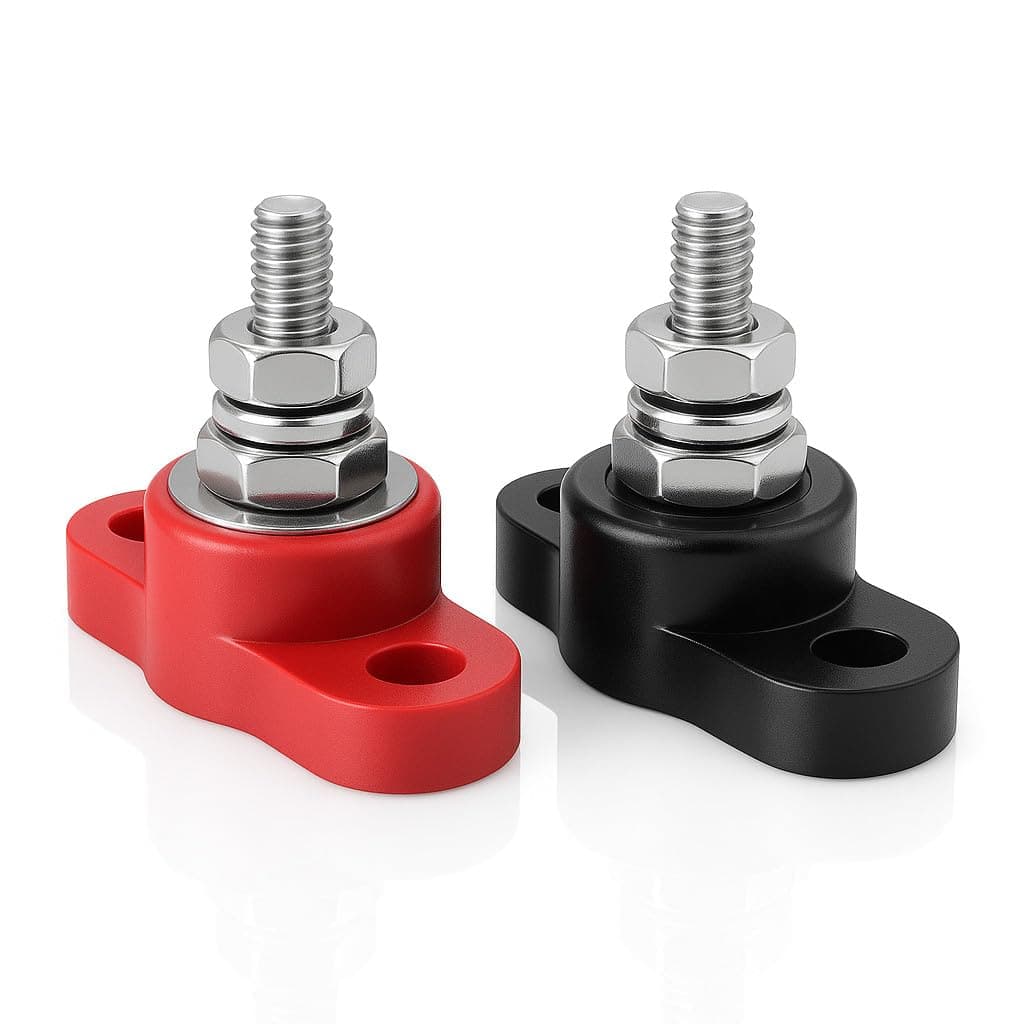 MGI SpeedWare 1/4" Bolt Power Junction Post for 12V 24V Automotive and Marine Battery Accessories Connections, 160 AMP, Stainless Steel Stud with Insulated Base, Red + Black Pair