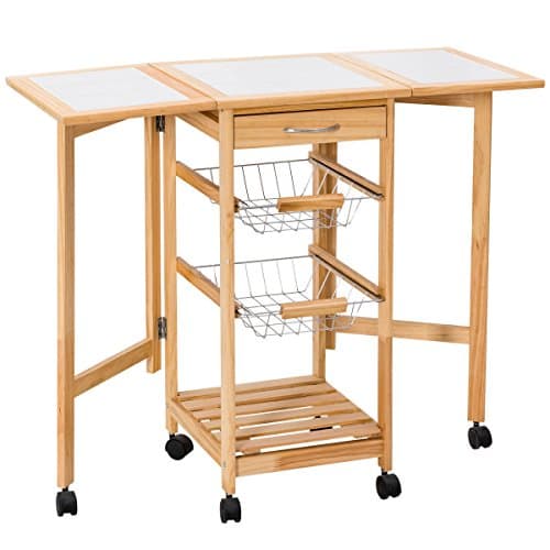Allblessings Portable Rolling Wood Kitchen Drop Leaf Storage Drawers Rack Basket Trolley Cart