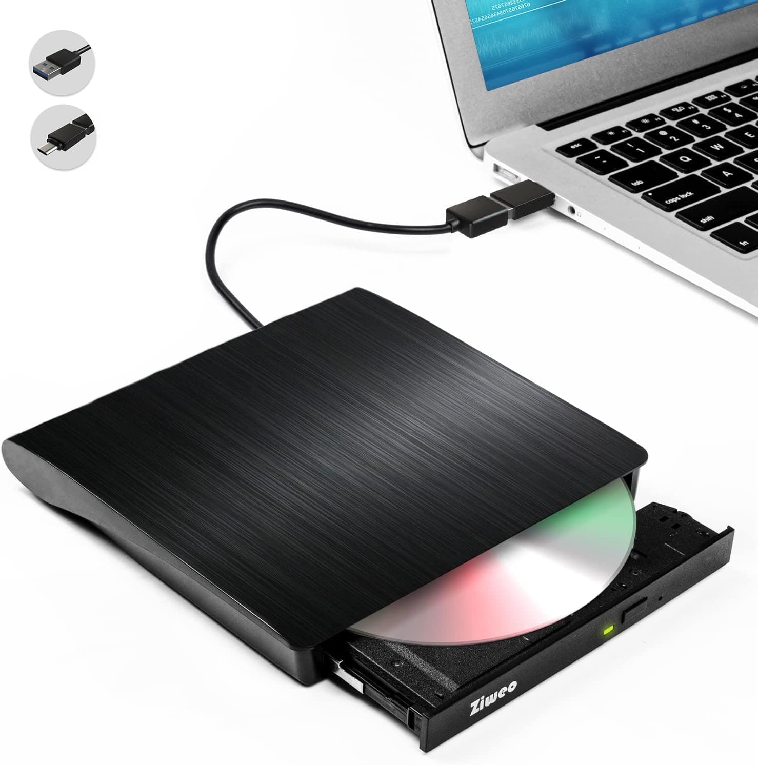 Ziweo External CD DVD Drive ROM Rewriter Burner USB 3.0 Portable CD/DVD +/-RW Drive/DVD Player with Laptop Desktop PC