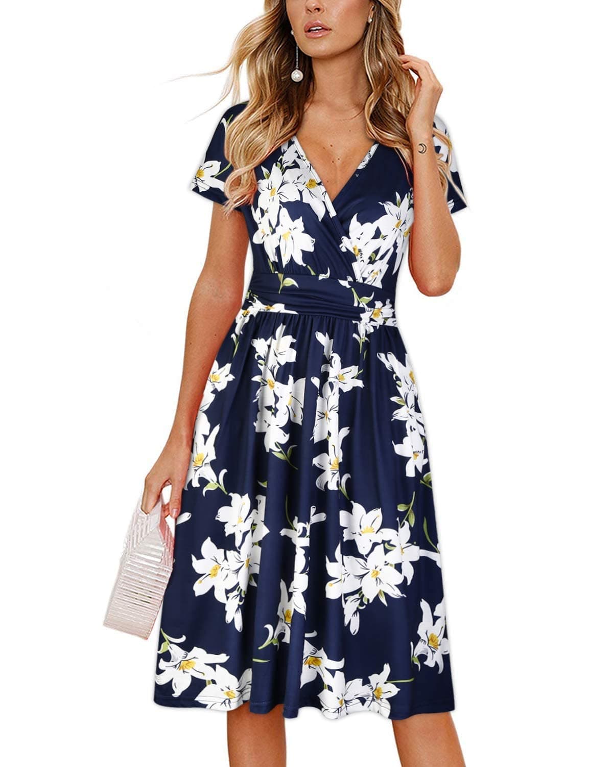 OUGES Casual Summer Dress for Women Wrap V Neck A Line Midi Dresses with Pockets