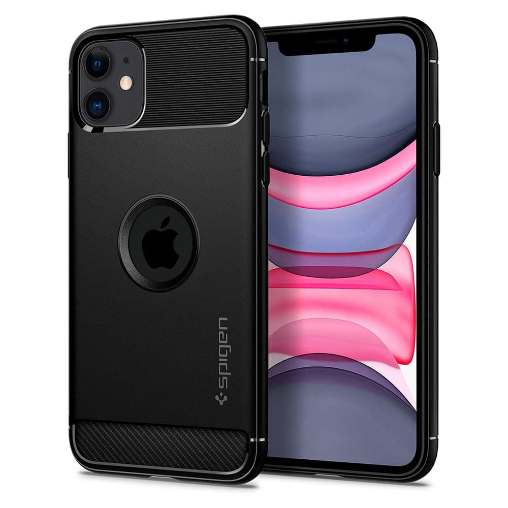 - Spigen Rugged Armor Back Cover Case for iPhone 11, Carbon Fiber Detail, Resilient Shock Absorption - TPU | Matte Black