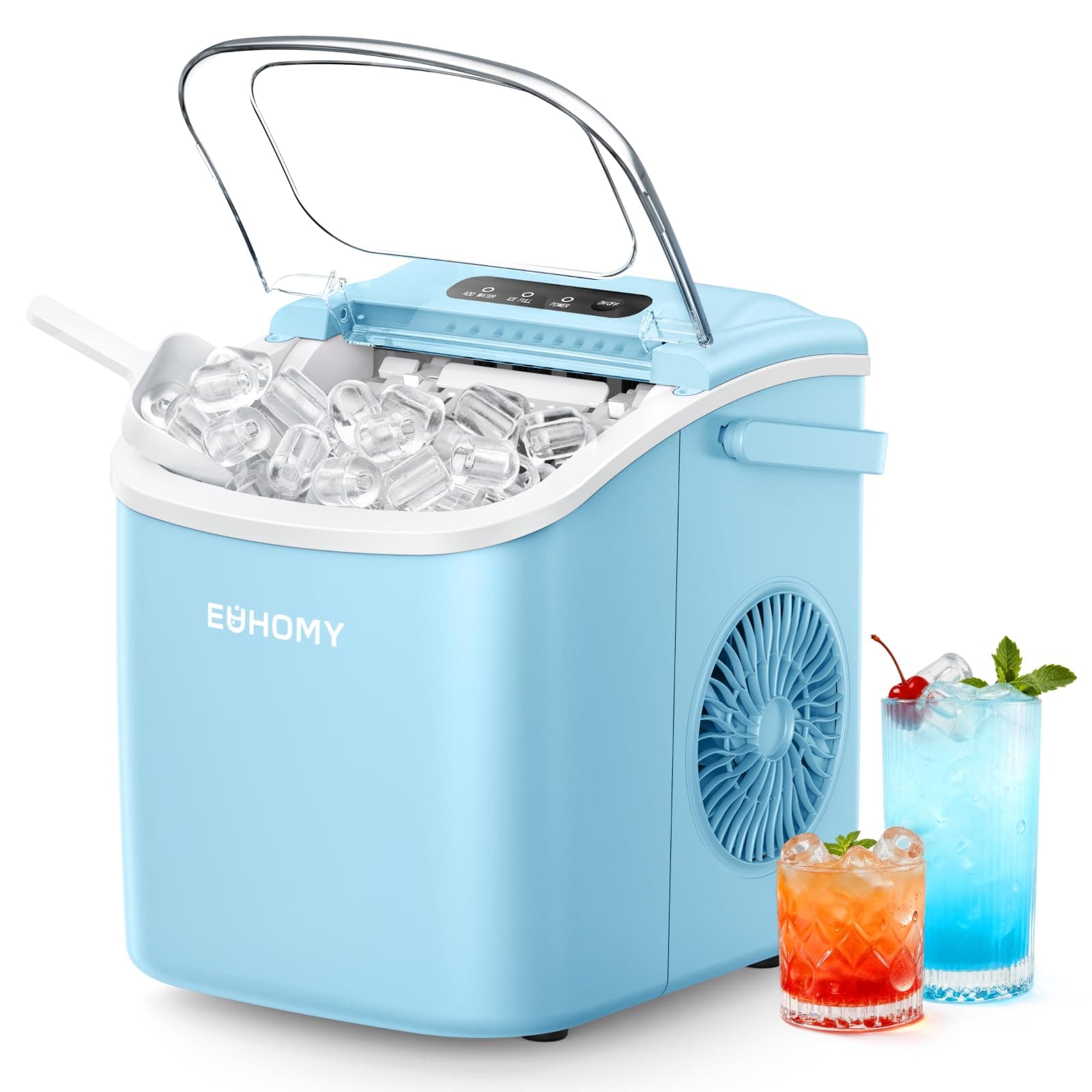 EUHOMY Countertop Ice Maker Machine with Handle, 26lbs Per Day, 9 Ice Cubes Ready in 6 Mins, Auto-Cleaning Portable Ice Maker with Basket and Scoop, for Home/Kitchen/Camping/RV (Blue)