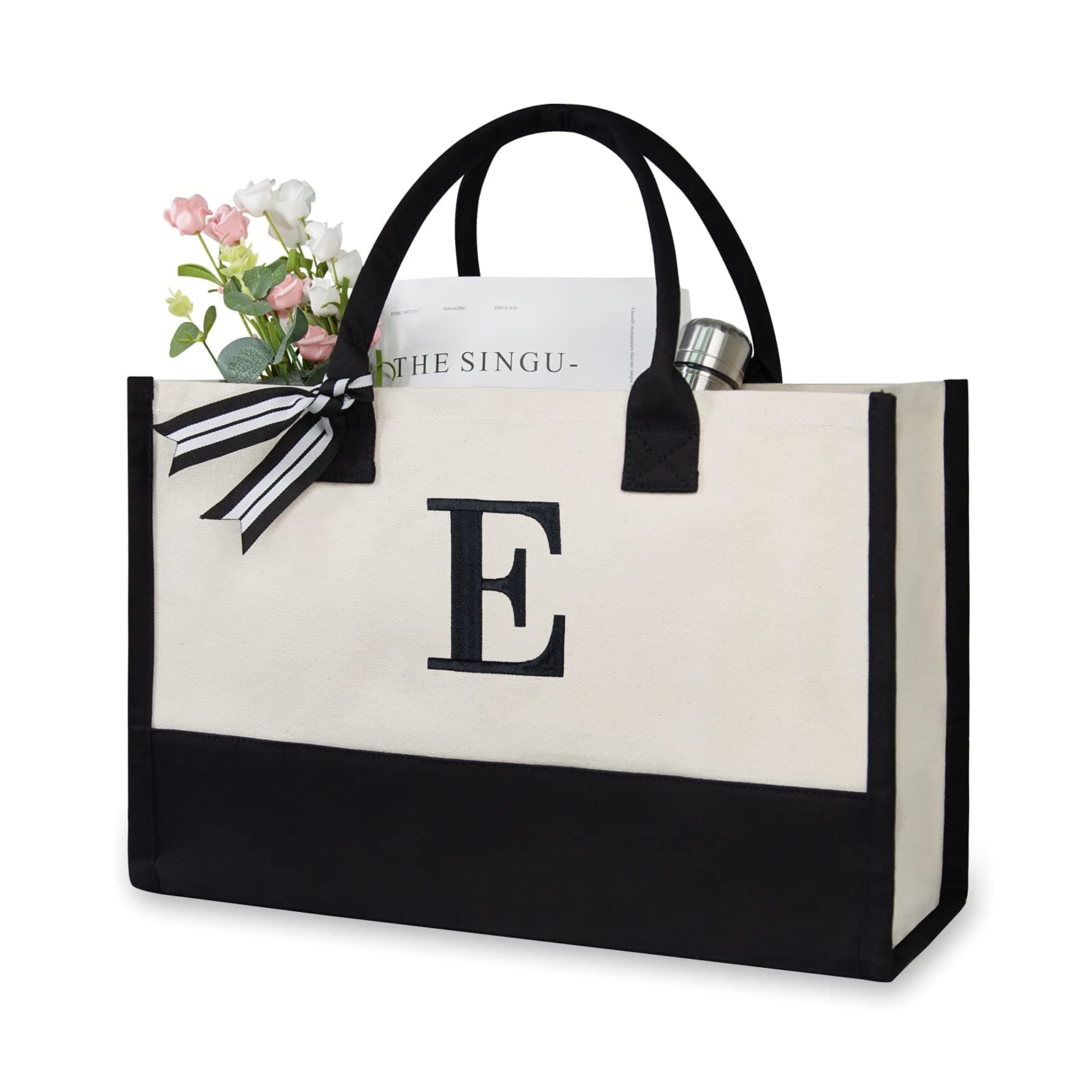 TOPDesign Embroidery Initial Canvas Tote Bag, Personalized Present Bag, Suitable for Wedding, Birthday, Beach, Holiday, is a Great Gift for Women, Mom, Teachers, Friends, Bridesmaids (Letter E)
