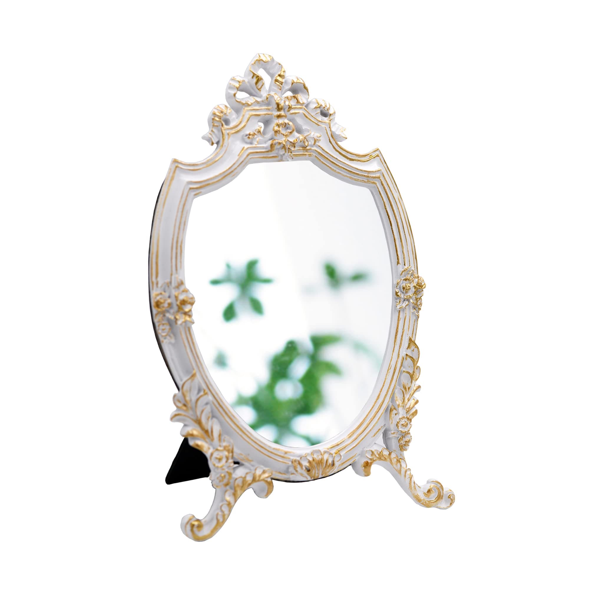 Eaoundm Resin Frame Decorative Wall Mirror Makeup Mirror Tabletop Mirrors, for Bedroom Living-Room Dresser Decor 8.2W x 13 L inchs (White)