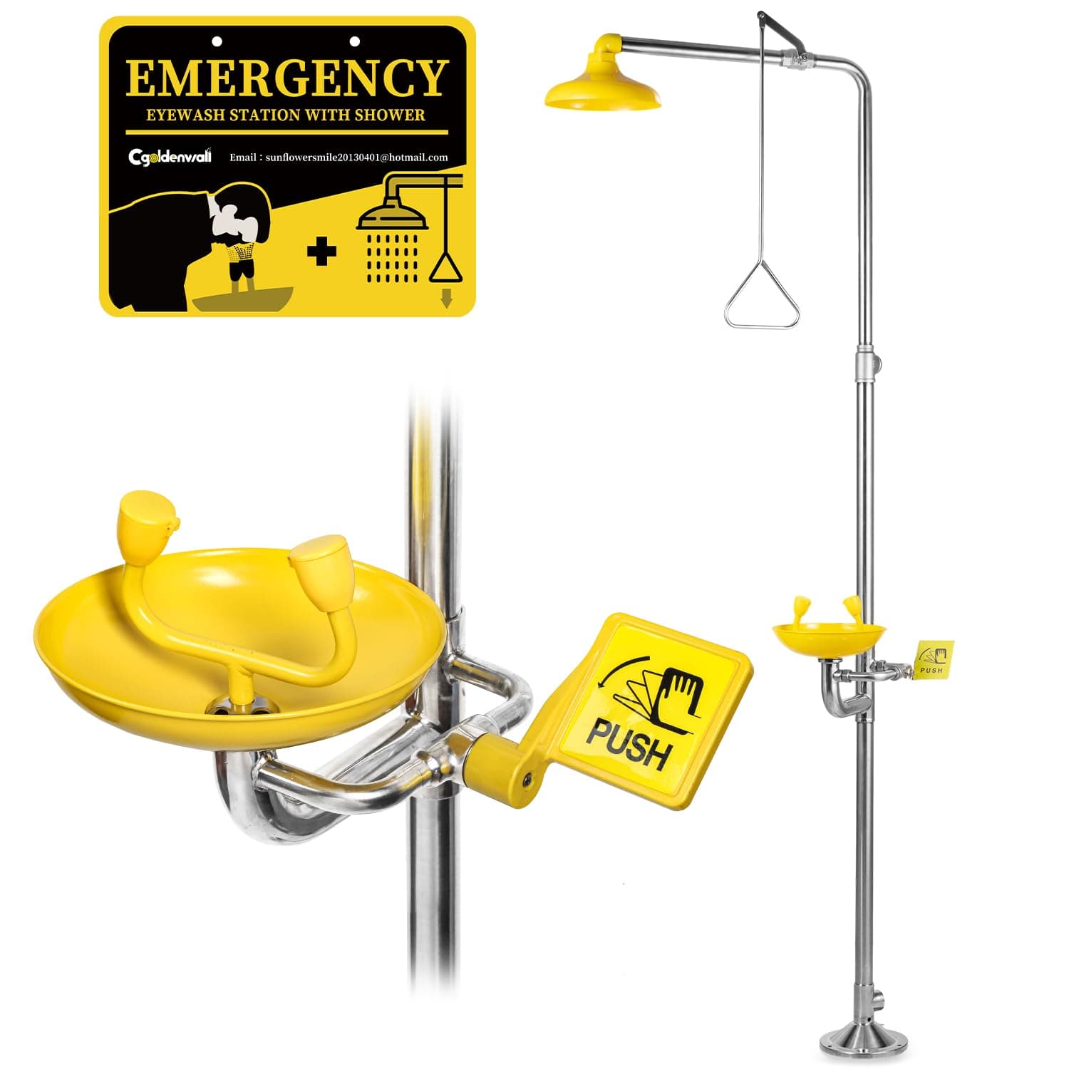 CGOLDENWALL Combination Eye Wash Station Emergency Shower Eyewash Station with Shower Safty Shower, NPT Threads, with Eyewash Sign, 304 Stainless Steel+Yellow Bowl