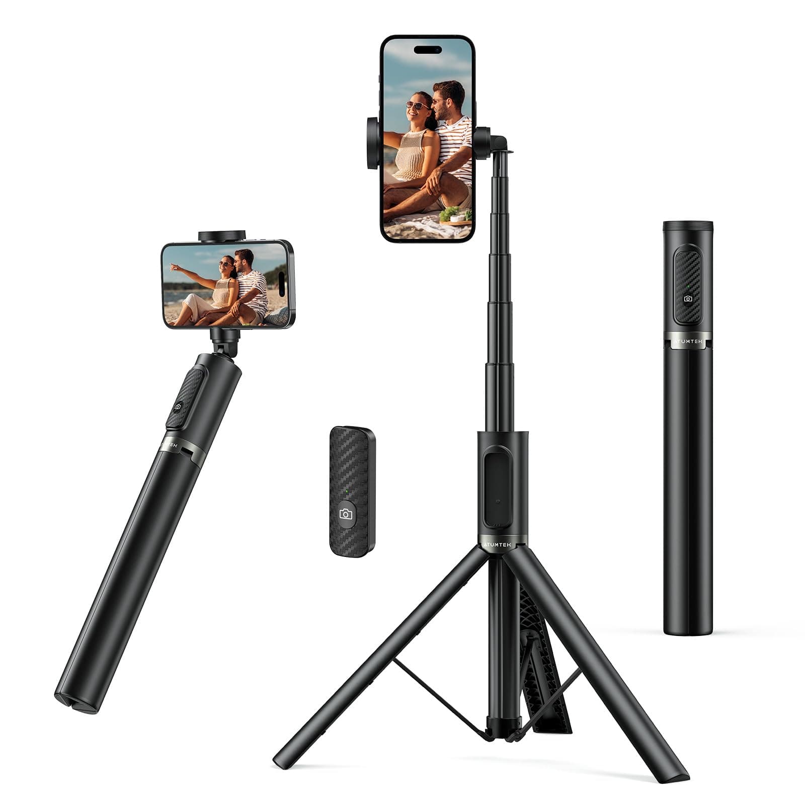 Selfie Stick 140 cm, Smartphone Tripod with Rechargeable Bluetooth Remote Control, Selfie Stick Extendable Tripod in Aluminum, Compatible with iPhone, Samsung and Android Phones