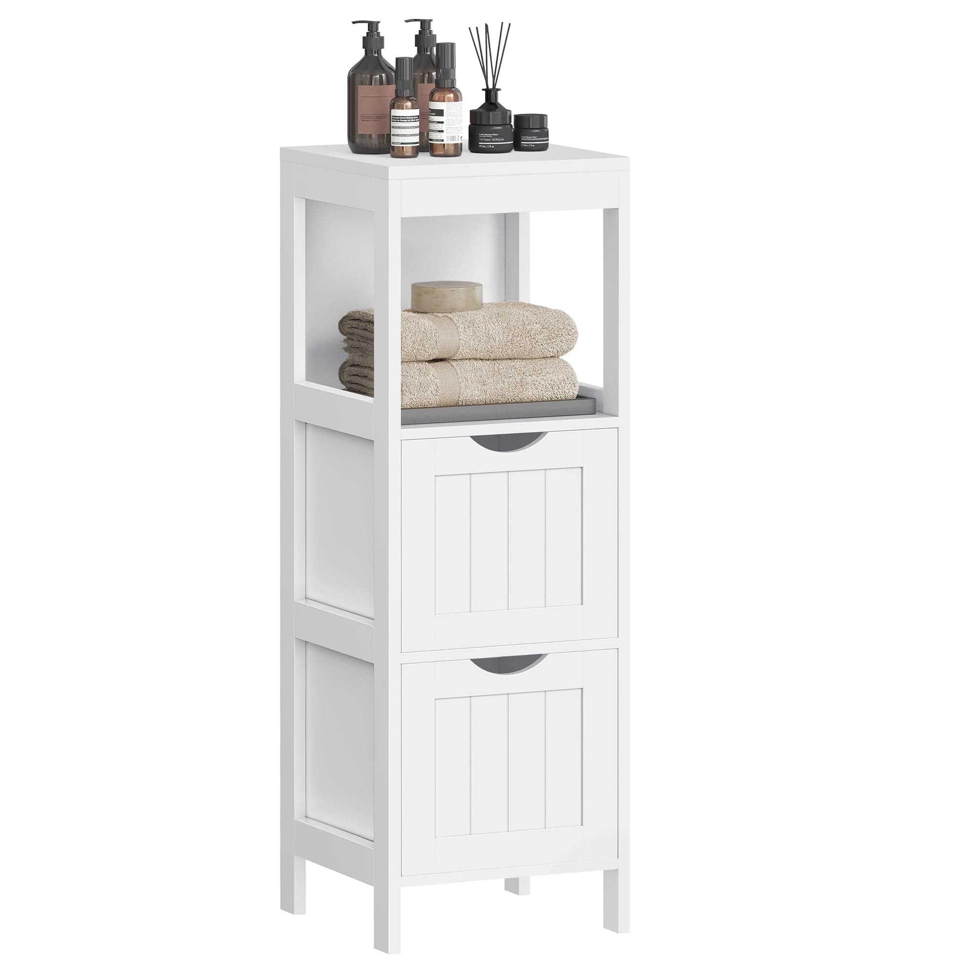 VASAGLE Storage Cabinet, Storage Organizer Rack Stand for Bathroom, Living Room, Bedroom, Multifunctional Corner Unit, 2 Drawers, 35 Inches in Height, White UBBC42WT