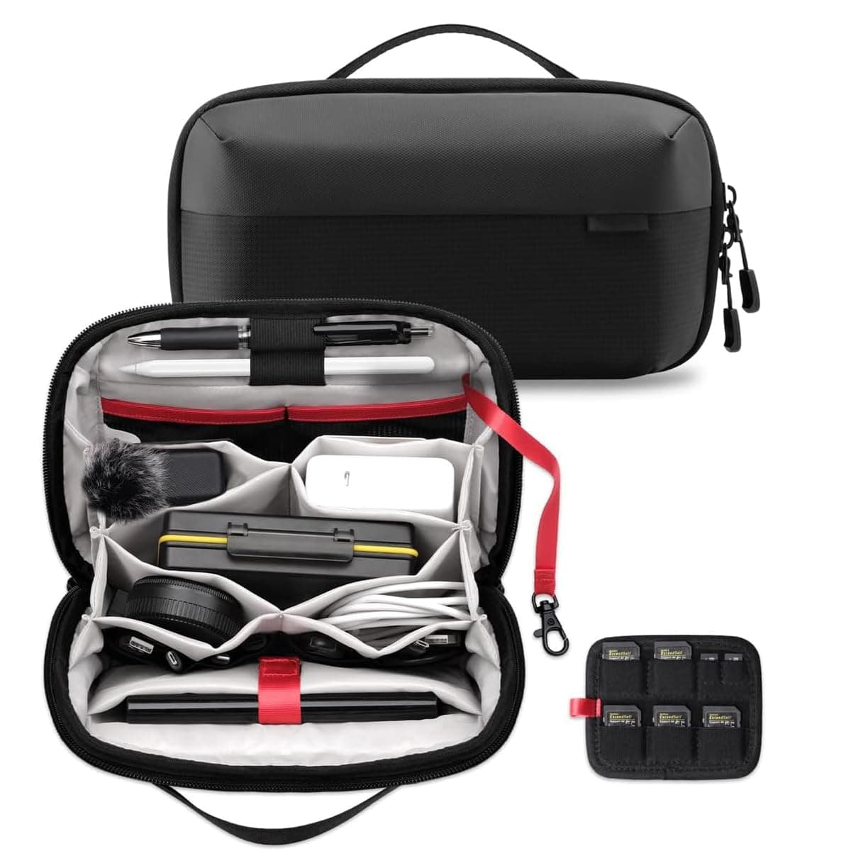 Joyzzz Electronics Organizer, Waterproof Travel Accessory Handle Bag, Black Electronic Accessories Bag for Tech Pouch for Cables, Camera Batteries, SD/TF Cards